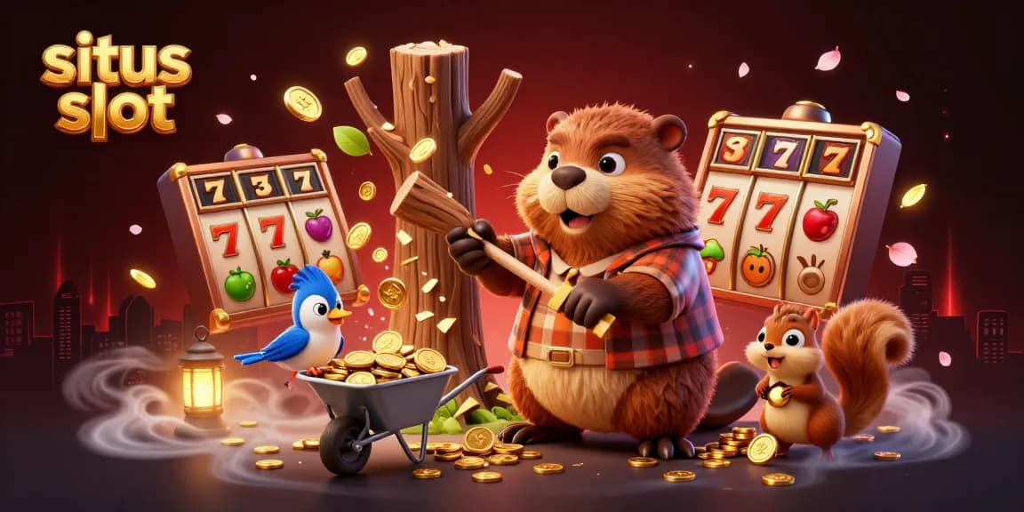 Situs slot yang menyenangkan dengan karakter hewan 3D mengumpulkan koin emas dan simbol mesin slot yang berkilauan.