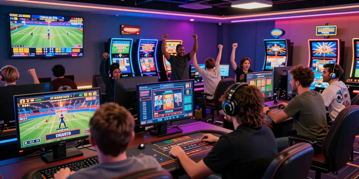 A lively gaming atmosphere at 鉅城娛樂城, showcasing diverse players enjoying sports betting and live casino games in a modern setting.