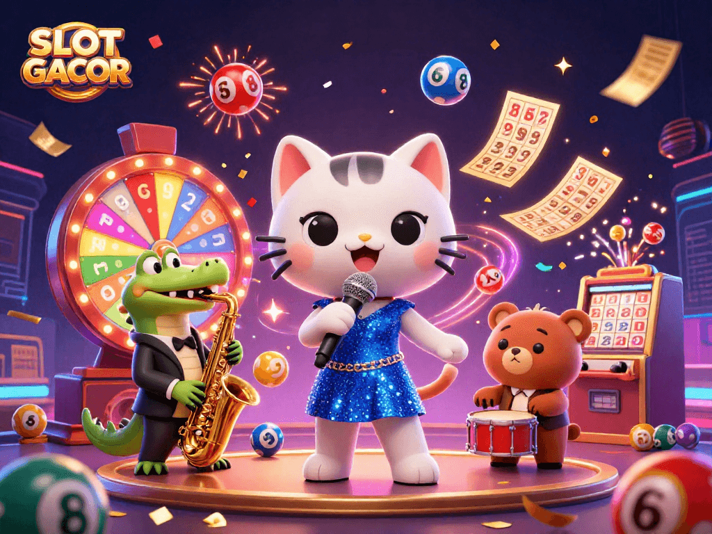 SLOT GACOR showcases a vibrant casino scene with a singing cat, saxophonist crocodile, and drumming bear, surrounded by lottery elements.