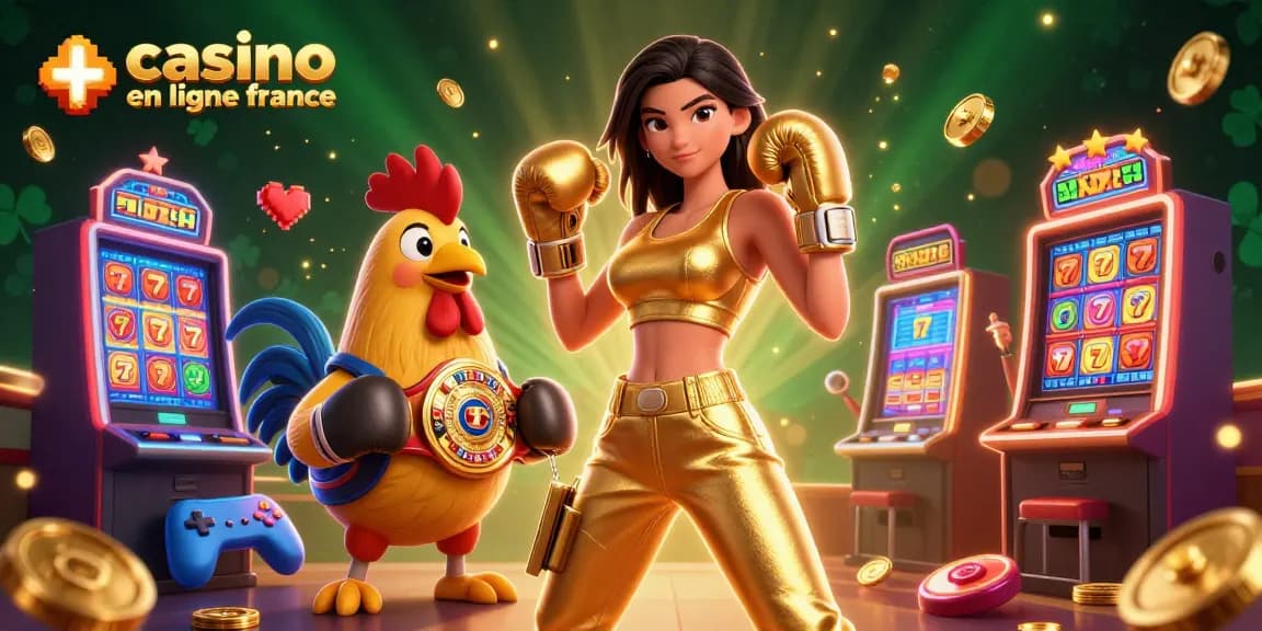 Découvrez l'excitation de casino en ligne France avec des illustrations 3D vibrantes de jeux et de champions.