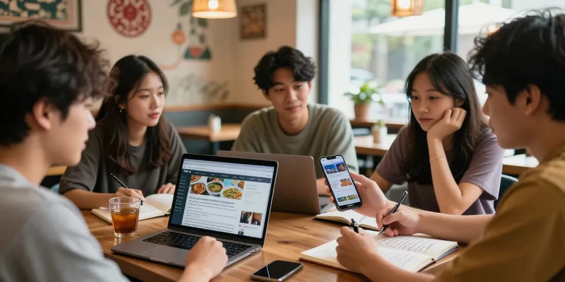 Engaged young adults discussing Asian pop culture while viewing https://hanadultalk.com on a smartphone in a cozy café.