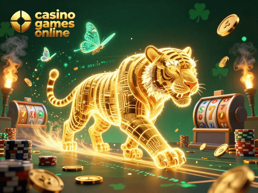 Engage in thrilling casino games online with an ultra-detailed 3D scene featuring a neon tiger and vibrant slot elements.