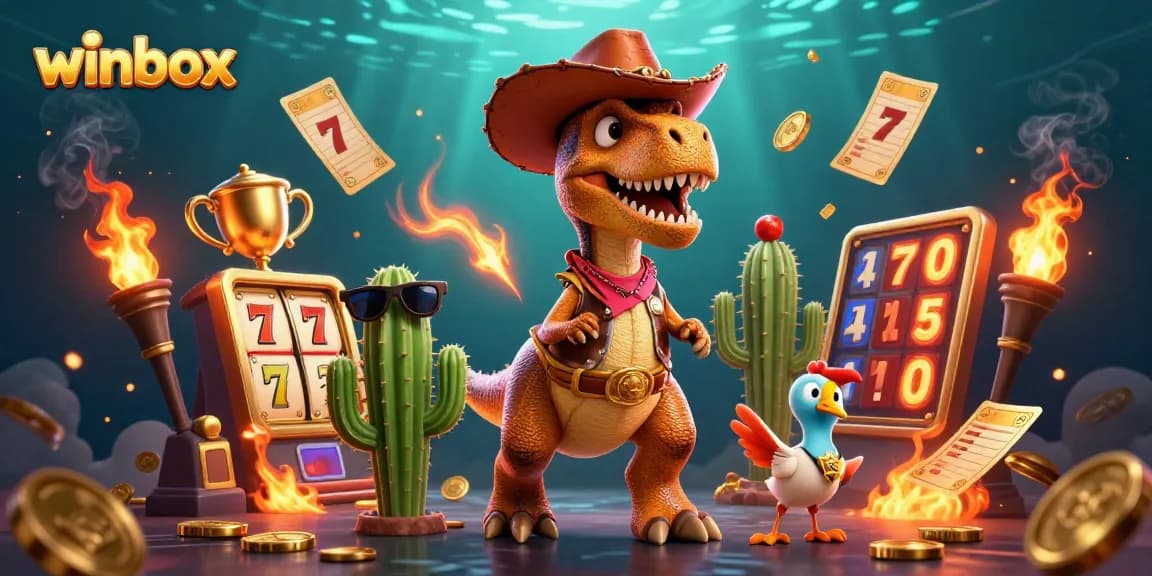 Experience thrilling wins at winbox with cartoon characters enjoying slots, jackpots, and games.