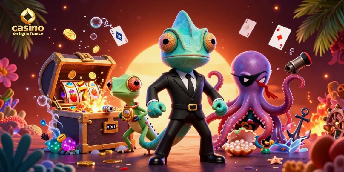 Vivez l'expérience du casino en ligne France avec un agent en costume, machines à sous et trésors