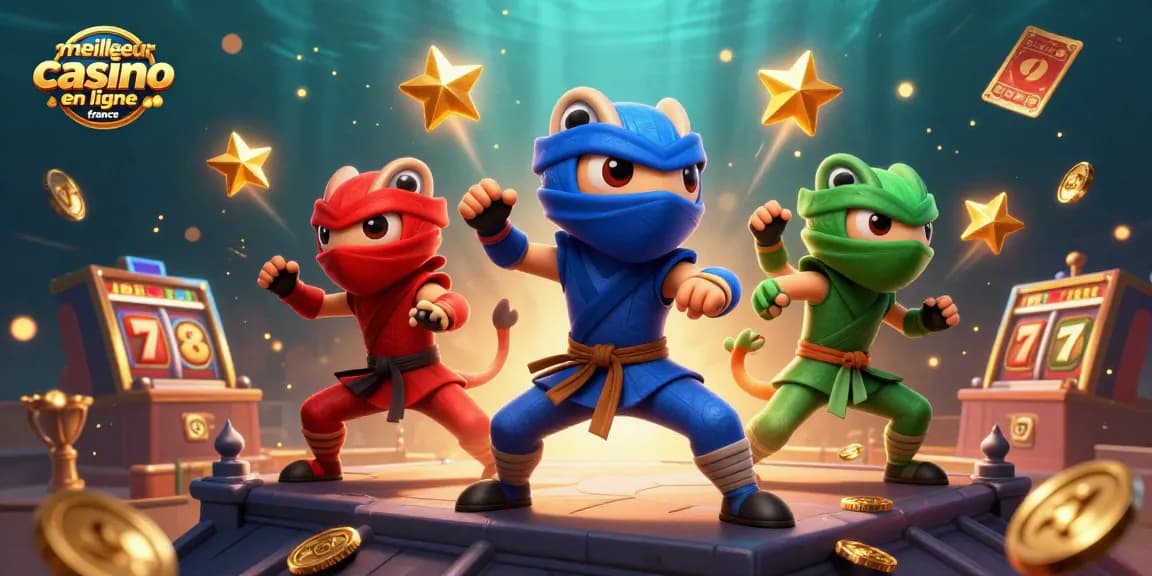 Découvrez le Meilleur Casino en Ligne France avec des chameleons ninjas en action, entourés de jeux captivants.
