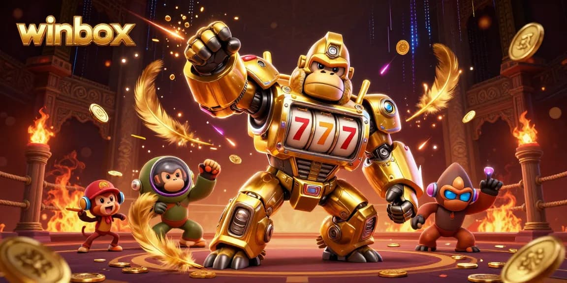 Experience the thrill of winbox with a golden gorilla mech, coins, and vibrant casino elements