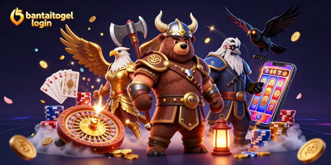 Engage with the bantaitogel login scene featuring epic characters and vibrant casino elements.