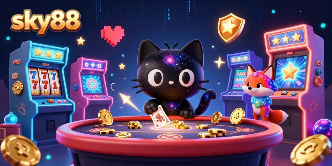 Sky88 cosmic casino scene with black hole cat and nebula fox pulling in chips and cards.