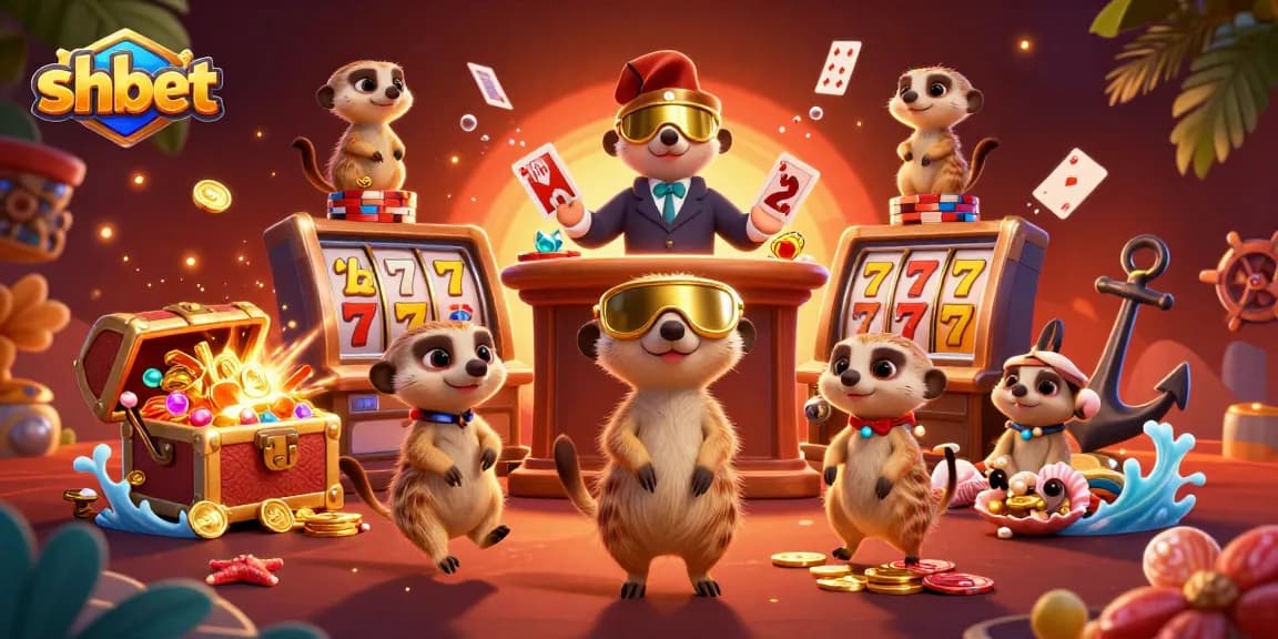 Engage in thrilling shbet casino action with meerkats showcasing card games and slot reels, vibrant and dynamic.