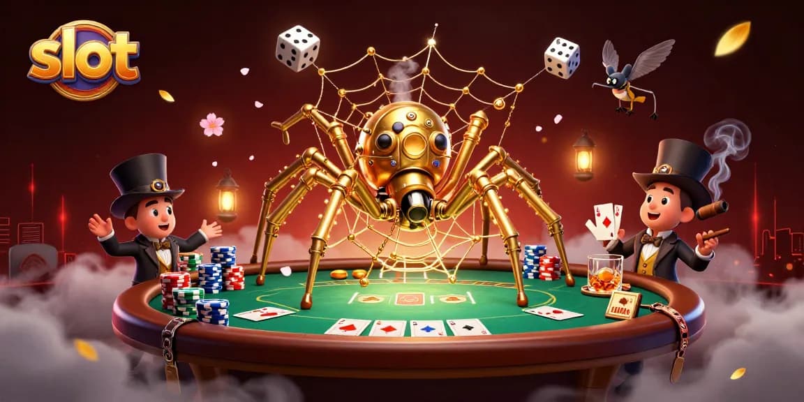 Spin the reels with a vibrant slot scene featuring a steampunk spider and poker elements, capturing the thrill of gaming.
