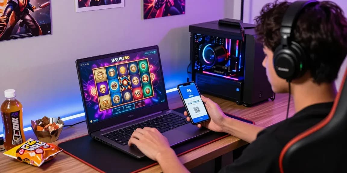 Transaksi cepat BATIK88 dengan QRIS, pemain slot online menikmati pengalaman bermain di laptop.