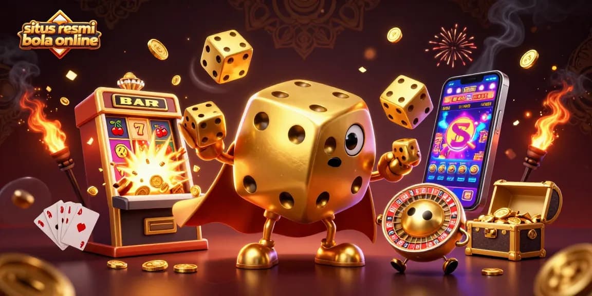 Join the excitement of situs resmi bola online with our lively, colorful 3D dice and casino action scene.