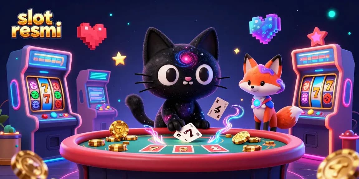 Experience thrilling gameplay with slot resmi as a cosmic cat pulls in golden chips at a vibrant casino table.