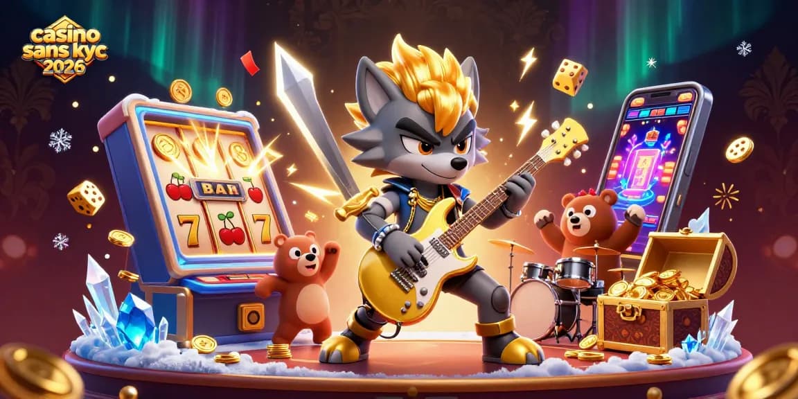 Jouez à casino sans kyc 2026 avec un loup rock star sur scène et une machine à sous éclatante.