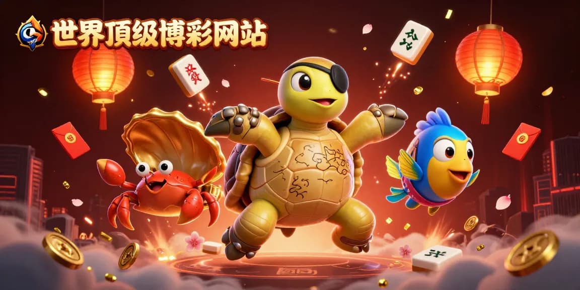 在這幅插畫中，世界頂級博彩網站的主題呈現出3D卡通海盜龜與金色貝殼的蟹和戴著小頭巾的魚，氛圍活潑。