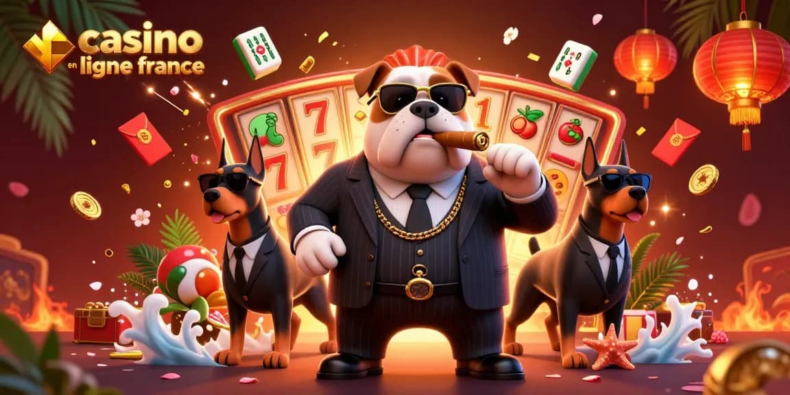 Faites tourner les rouleaux au casino en ligne France avec un parrain de la mafia et des gardes du corps Doberman dans une scène numérique vibrante.