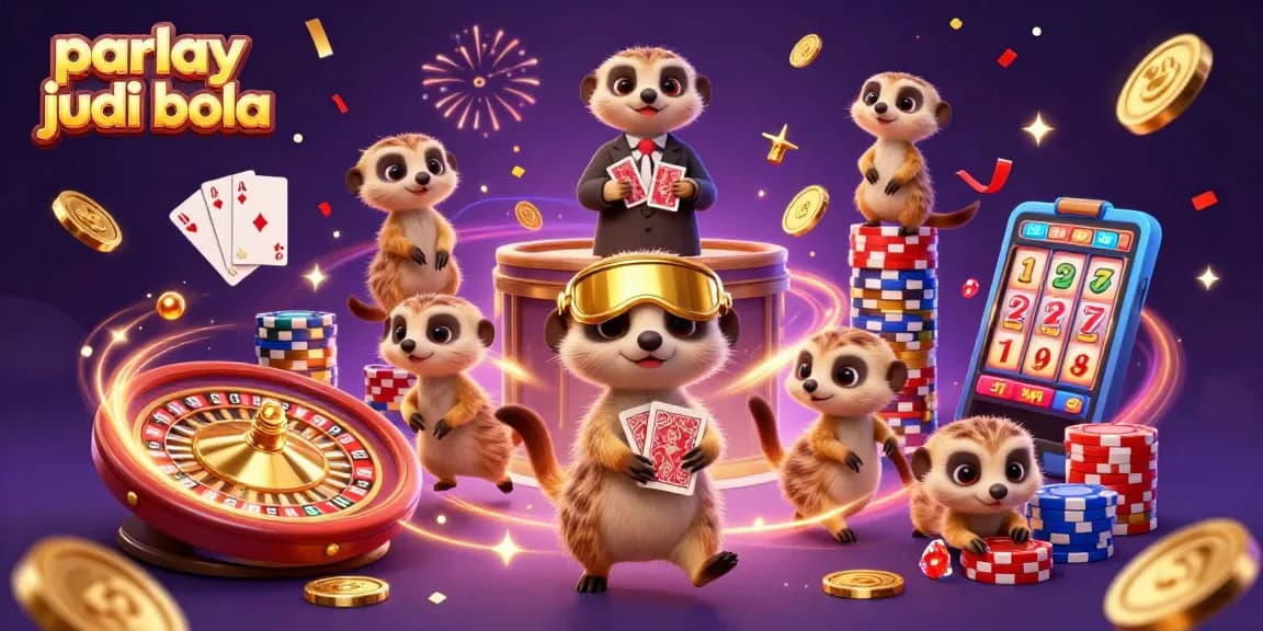 Engage in parlay judi bola with a bustling meerkat casino scene showcasing vibrant gaming elements.