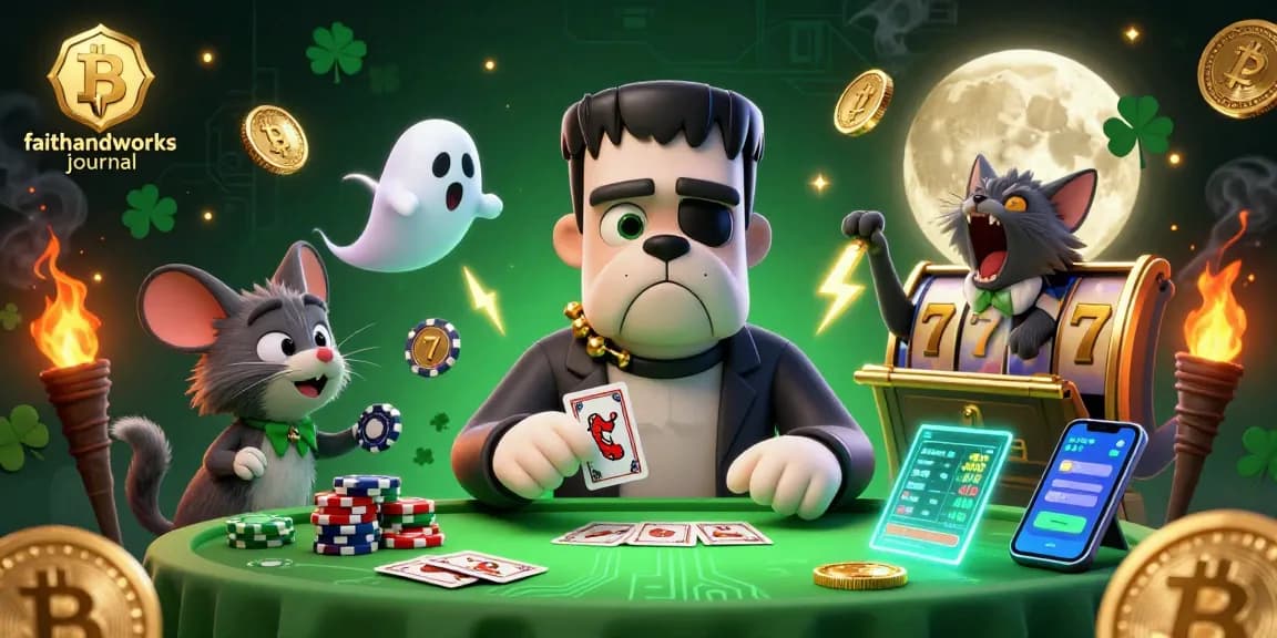 Slot menarik di faithandworksjournal menampilkan monster kartun dan simbol permainan di meja kasino.