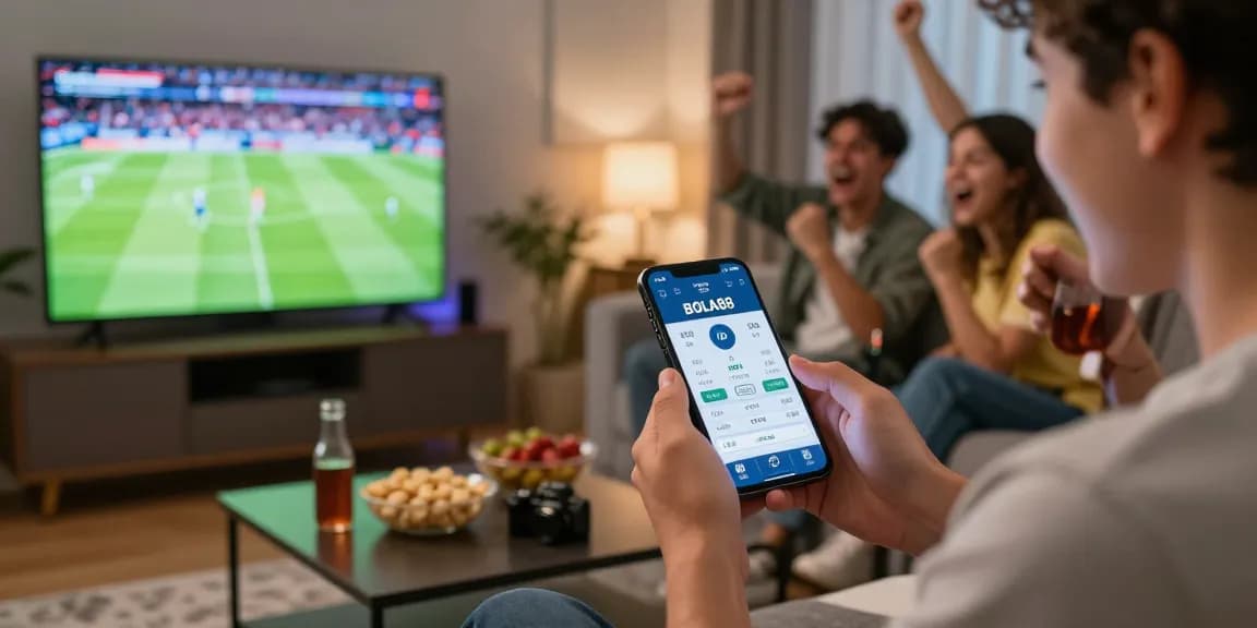 Exciting dynamic scene of a bettor using the BOLA88 app for sports wagers, capturing the thrill of live betting moments while watching a match.