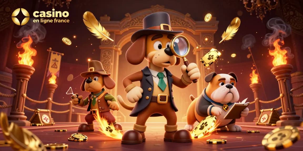 Découvrez le frisson du casino en ligne France avec un détective et un bulldog découvrant des trésors cachés.