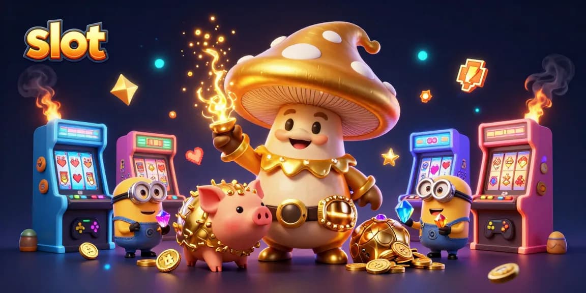 Spin vibrant slot games with the golden mushroom wizard and treasure-hunting pig amidst arcade art.