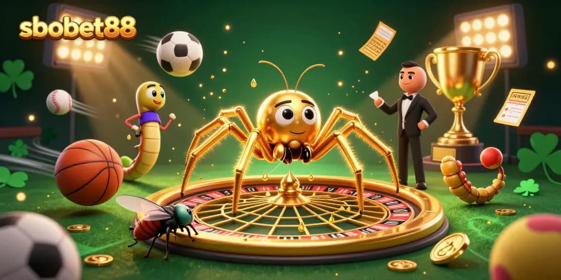 Betting in action at sbobet88 with a golden spider and lively sports elements.