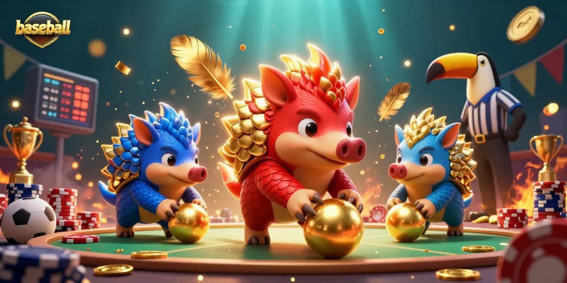 Engaging baseball-themed gambling scene with pangolins and betting elements