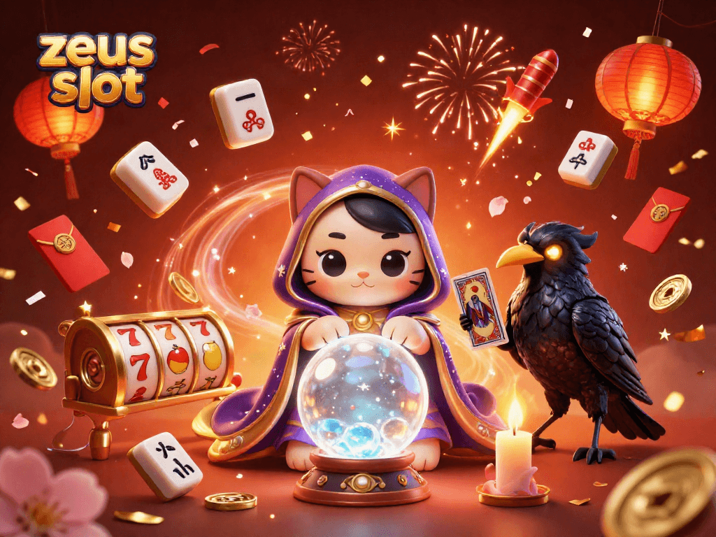 Engage with the zeus slot in a festive 3D scene featuring mystical characters and celebratory elements.