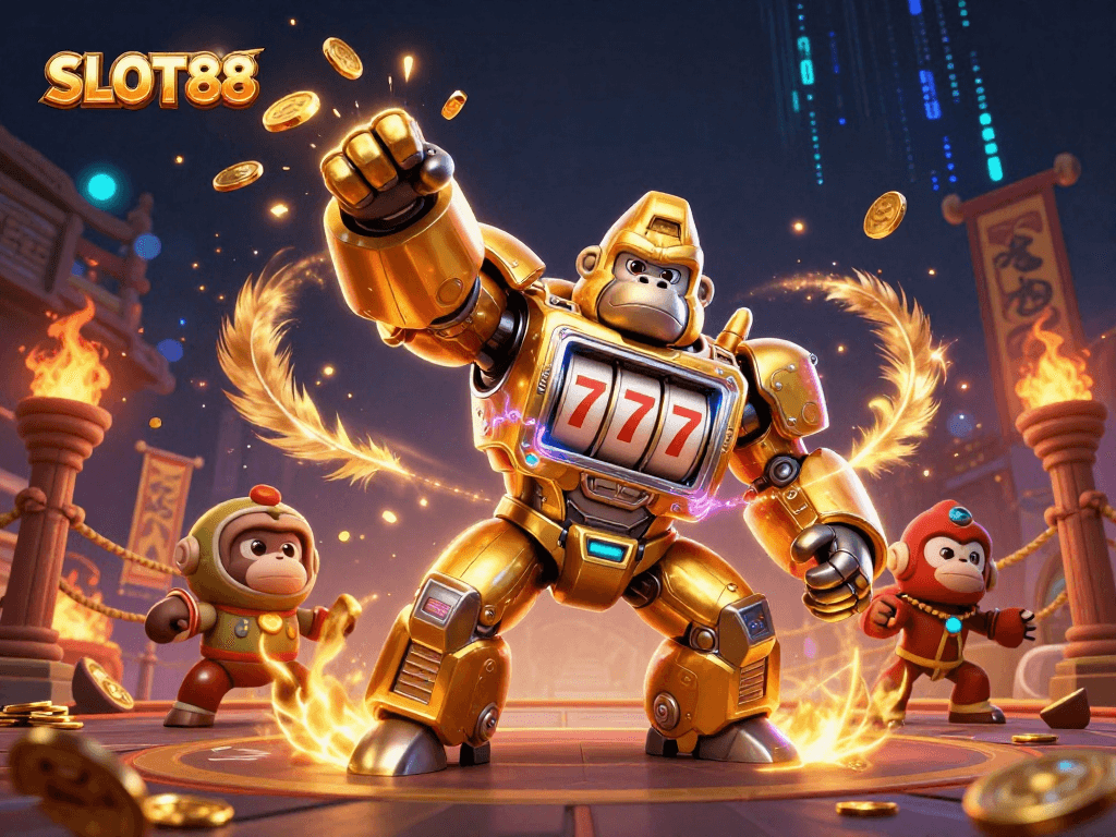SLOT88 menampilkan gorila emas mech transformator dengan bagian mesin slot, menembakkan koin kemenangan ke udara.