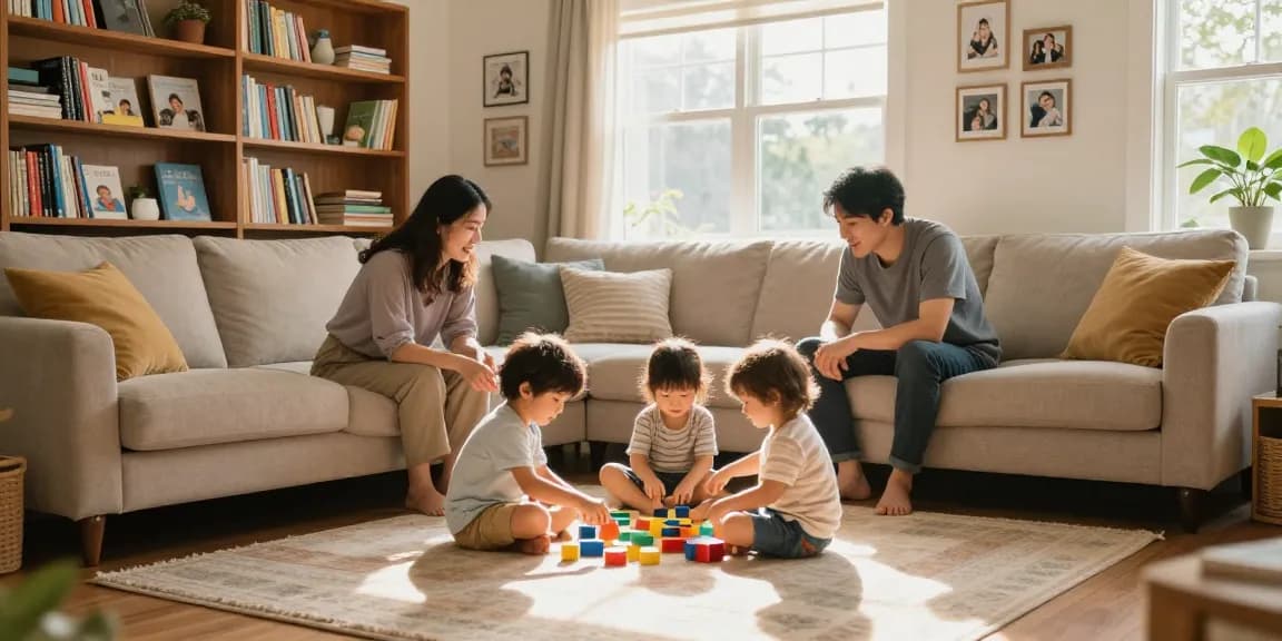 Warm family atmosphere with parents interacting with children, highlighting rokok88 slot products for educational play and bonding.