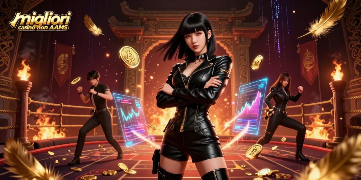 Scopri l'emozione dei migliori casino non AAMS con una potente donna asiatica immersa in dinamici elementi di casinò.