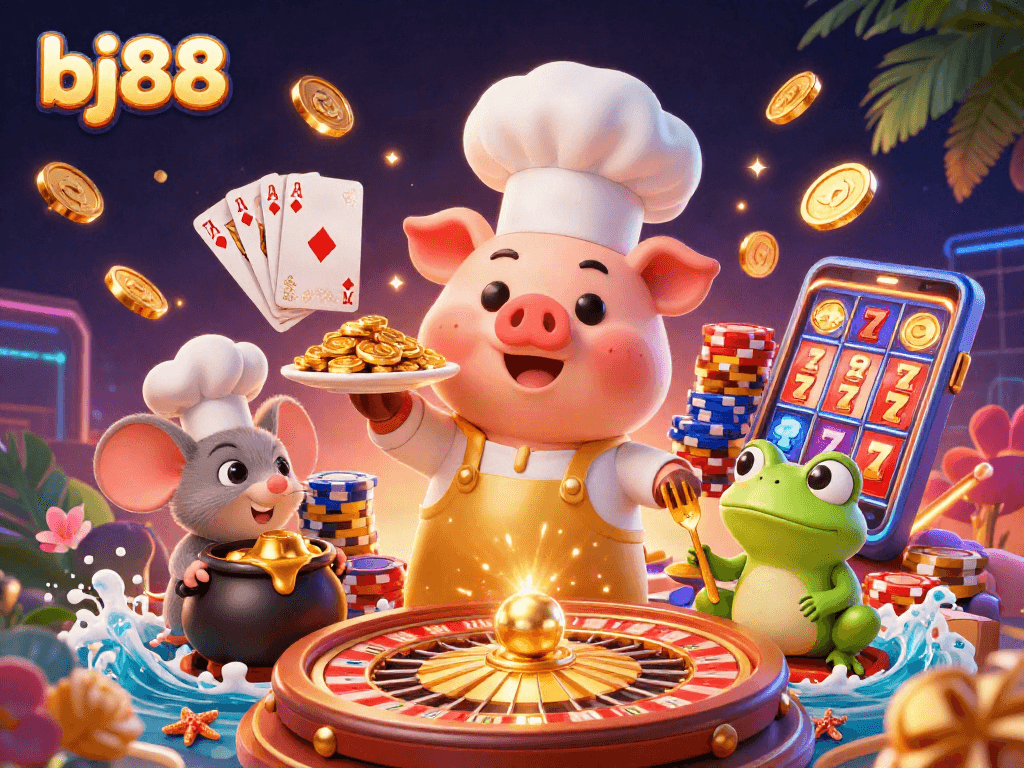 Experience high-stakes thrills with bj88, featuring gold coins, slots, and playful casino characters.