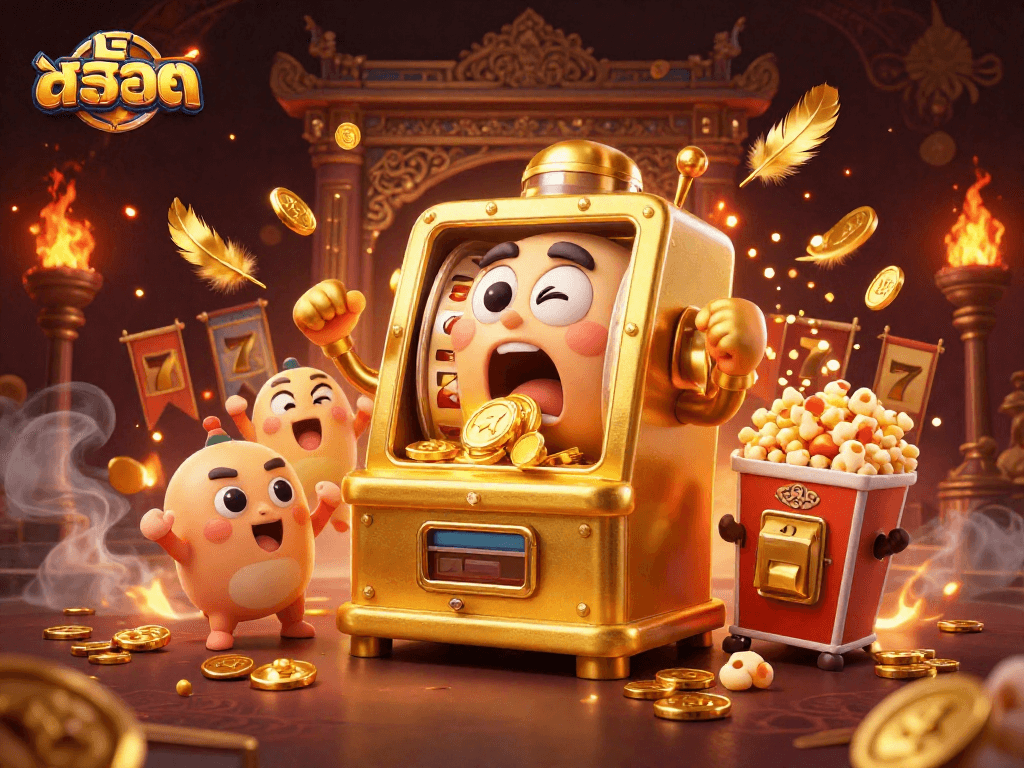 Experience excitement with สล็อต as the golden slot machine hits a jackpot, surrounded by cheering friends.