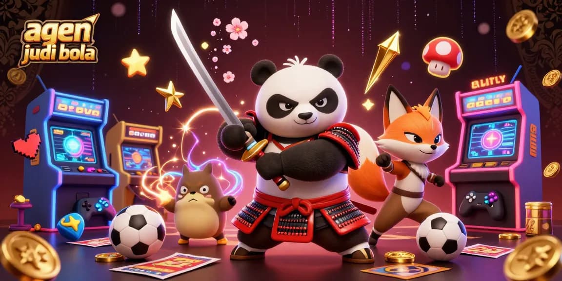 Experience agen judi bola excitement with dynamic samurai panda, ninja fox, and spirit tanuki in a vibrant betting scene.