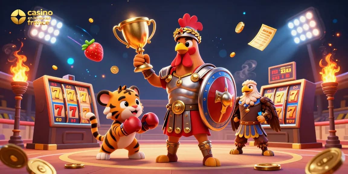 Jouez aux machines à sous au casino en ligne France, avec un coq gladiateur dans une arène dynamique.
