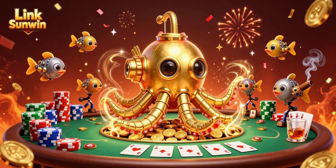 Experience Link Sunwin with mechanical fish and a golden kraken submarine in a rich casino scene.