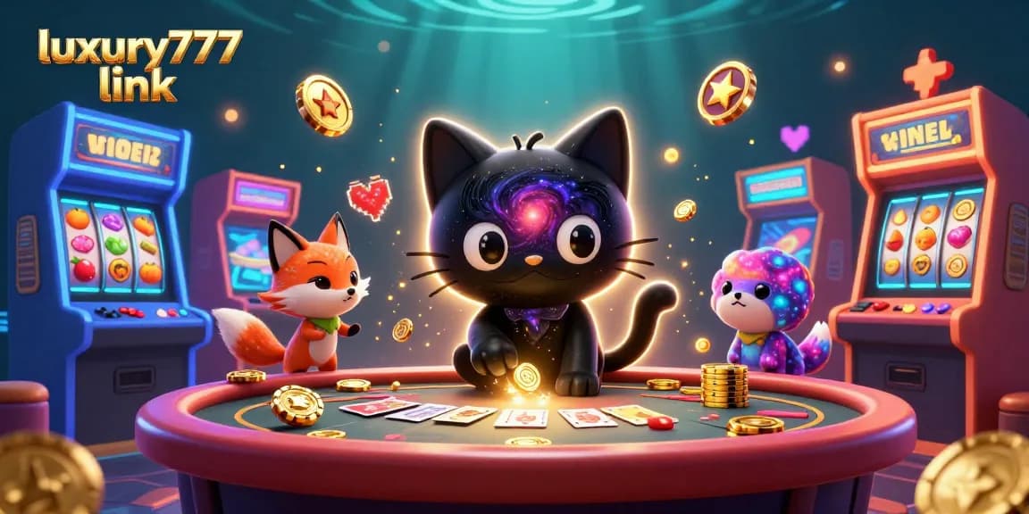 Join the fun with luxury777 link, featuring a cosmic casino scene with vibrant game elements and charming characters.