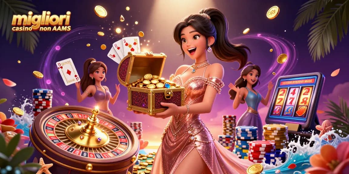 Scopri i migliori casinò non AAMS presentati in un'illustrazione 3D vibrante con tesori dorati.