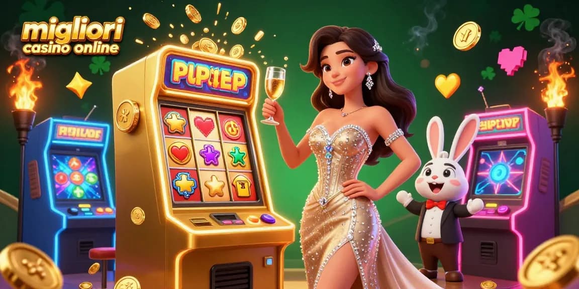 Vincere alla grande nei migliori casino online con una donna glamour che celebra accanto a una slot machine jackpot.