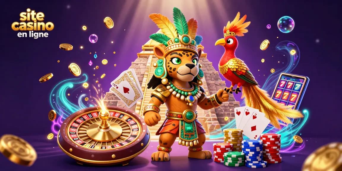 Jouez sur un site casino en ligne avec des éléments de jeu comme des jetons, des cartes et des roulettes.