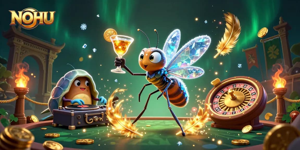 Engage with NOHU's vibrant casino atmosphere featuring characters and elements from a thrilling gambling scene.
