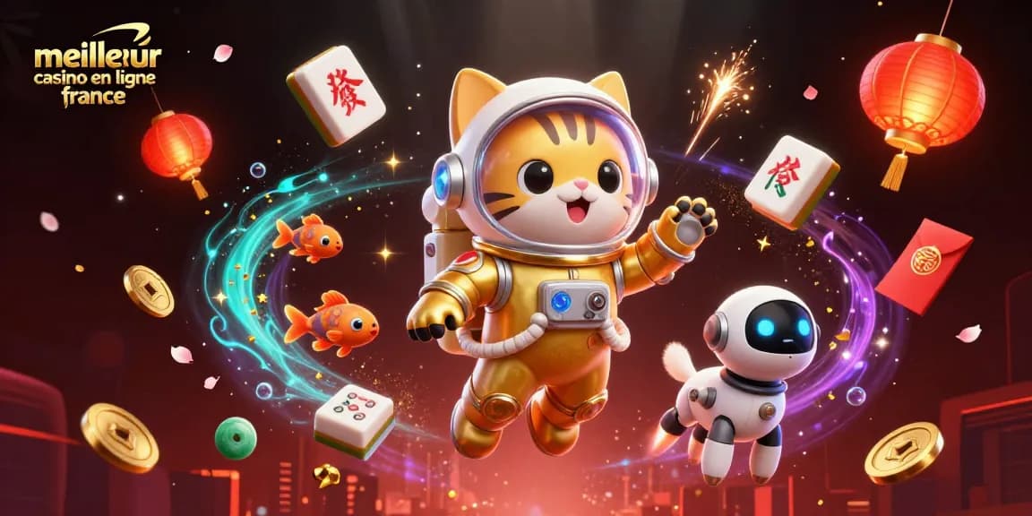 Illustration 3D dynamique représentant le meilleur casino en ligne France avec un chat astronaute et un chien robot au milieu d'une nébuleuse dorée.