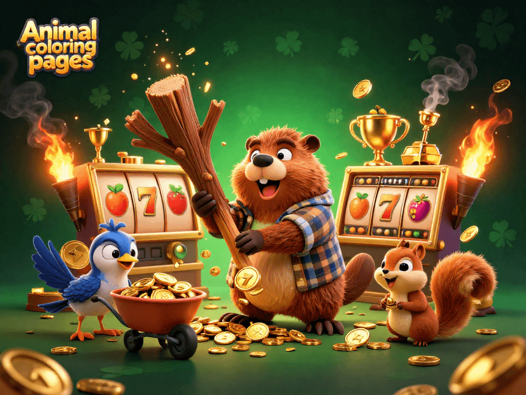 Engage with vibrant Animal coloring pages featuring a beaver, bird, and squirrel in a dynamic casino setting.
