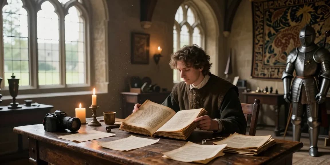 Explore Tynte's Castle content at https://tyntescastle.com with a reader immersed in historical manuscripts and artifacts.