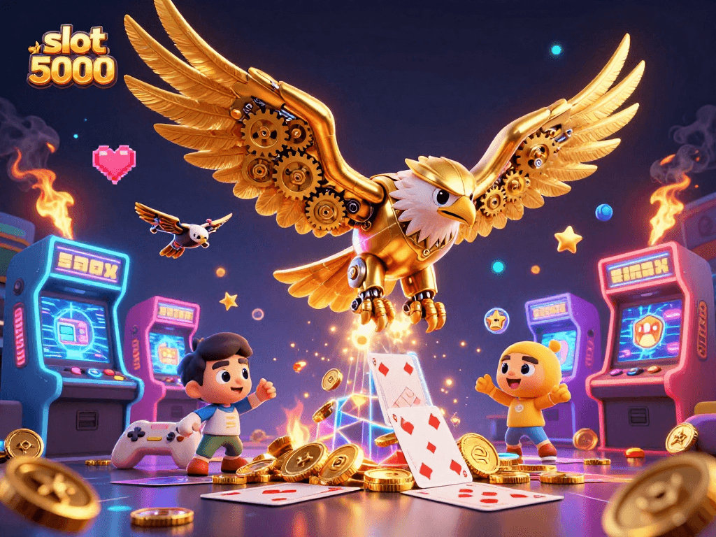 Win big with slot 5000 as a golden eagle dives through holographic casino symbols.