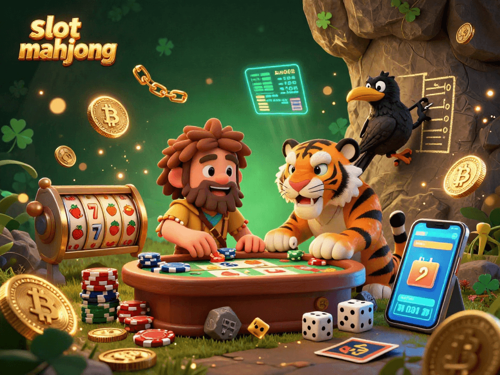 Spin and win with slot mahjong in a vibrant prehistoric casino filled with characters and crypto elements.