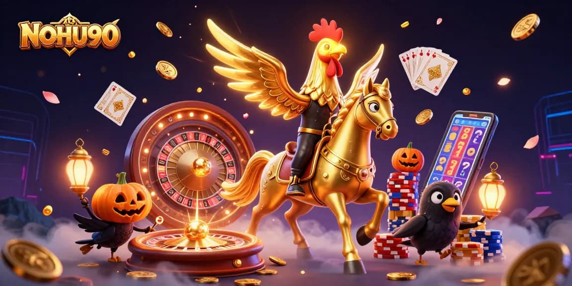 Nohu90 showcases a vibrant golden rooster gambling in a thrilling casino scene with cascading coins and vibrant cards.
