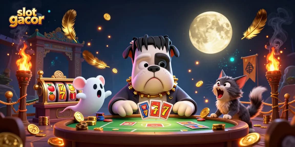 Engage with slot gacor's exciting 3D illustration featuring a bulldog monster and whimsical characters.