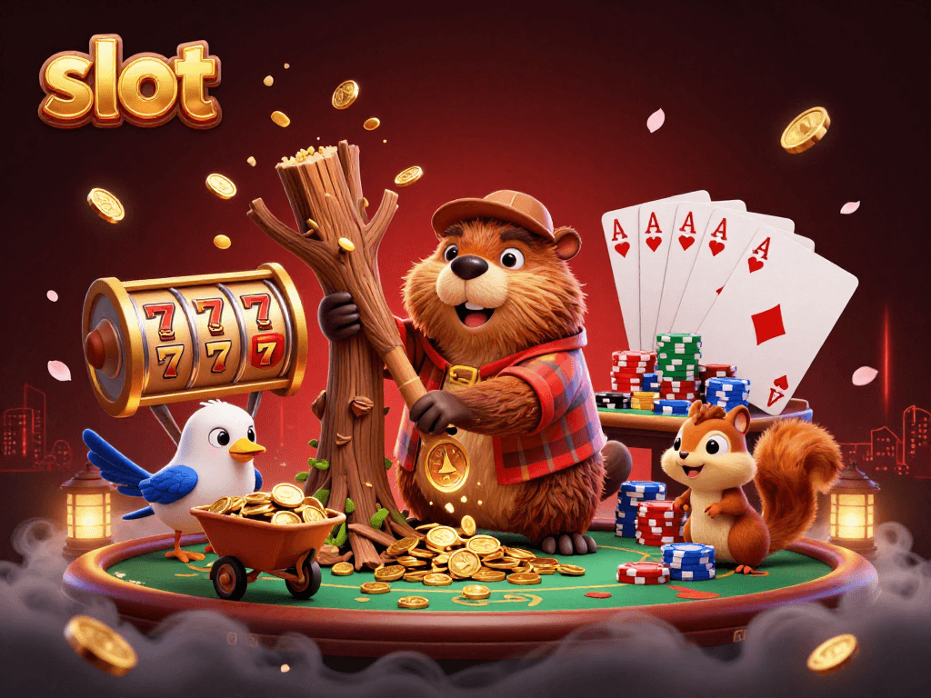 Catch slot winnings with a charming beaver and friends in an exciting casino setting!