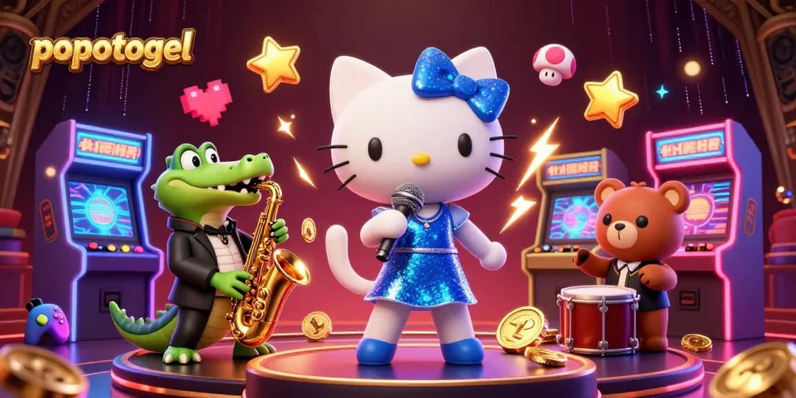 Experience popotogel excitement with vibrant casino-themed 3D illustration featuring lively gaming characters.